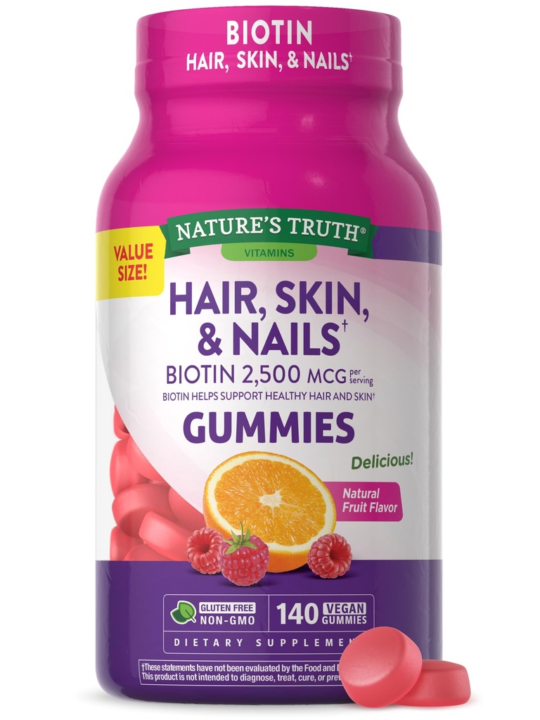 La vérité de la nature Cheveux, la peau et les ongles Gummies avec Biotine 140 Comte de fruits Saveur de fruits, végétalien, non-OGM et vitamine sans gluten pour les hommes et les femmes