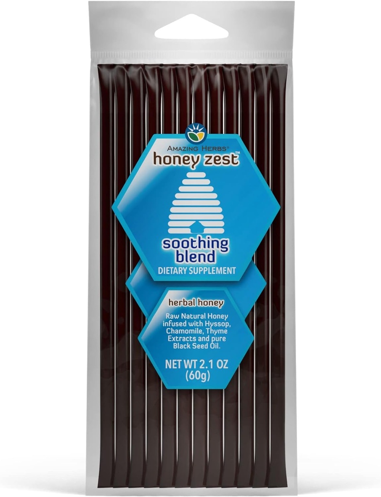 Herbes étonnantes Miel naturel brut - Miel herbacé infusé d'hyssop, de camomille, d'extraits de thym et d'huile de graines noires pures, non OGM, sans gluten Immune Booster - Paille apaisante Honeyzest, 12 comtes