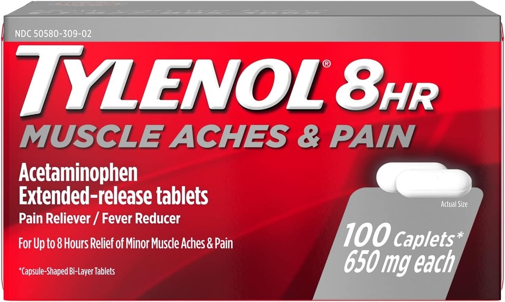 Tylenol 8 Hour Muscle Aches and Pain Caplets, 100 Count Per Bottle (3 Bottles)