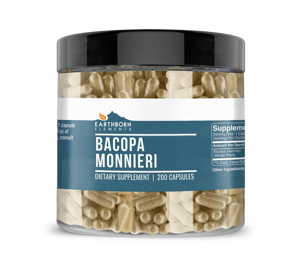 Éléments terriens Bacopa Monnieri 200 Capsules, pures et non diluées, sans additifs