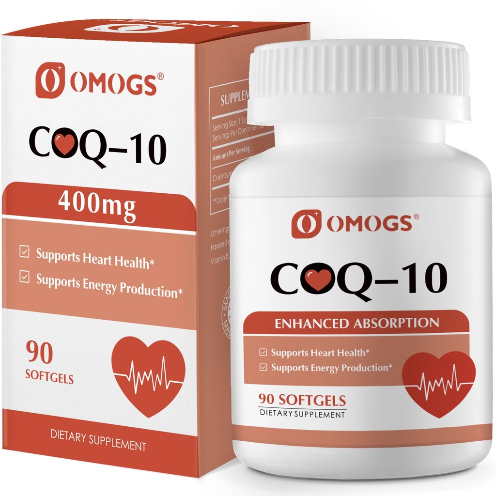 OMOGS CoQ10 400mg Softgels, Coenzyme Q10 Suppléments à haute absorption soutiennent la santé cardiaque, la santé cardiovasculaire, le système immunitaire et la production d'énergie cellulaire, sans gluten, 90 Softgels