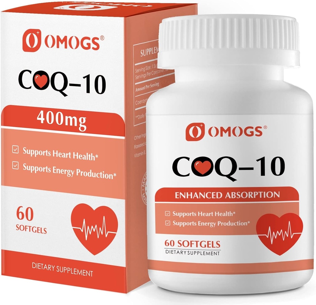 OMOGS CoQ10 400mg Softgels, Coenzyme Q10 suppléments d'absorption élevée soutiennent la santé cardiaque, la santé cardiovasculaire, le système immunitaire et la production d'énergie cellulaire, sans gluten, 60 Softgels