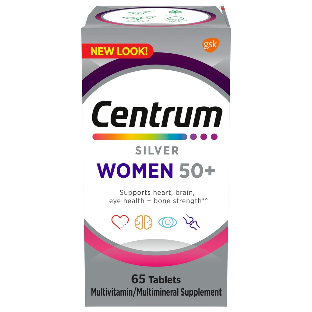 Multivitamine d'argent centrum pour femmes 50 Plus, supplément multivitamine/multiminérale avec vitamine D3, vitamine B, ingrédients non OGM, soutient la mémoire et la cognition chez les personnes âgées - 65 Ct