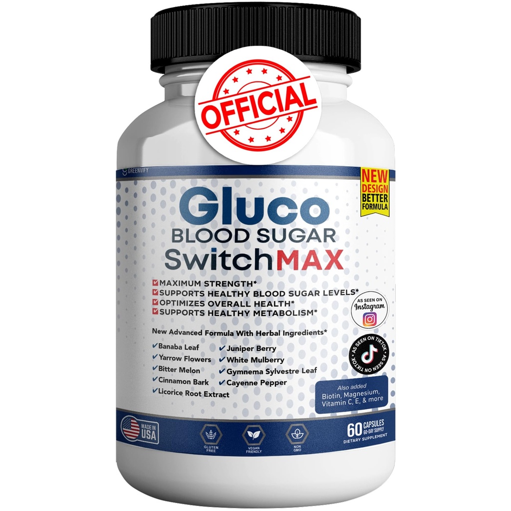 Gluco Blood Sugar Switch Max All Natural Formula to Maintain Healthy Levels, Maximum Strength Daily Formula Blood Reviews (1 Pack - 60 Capsules)