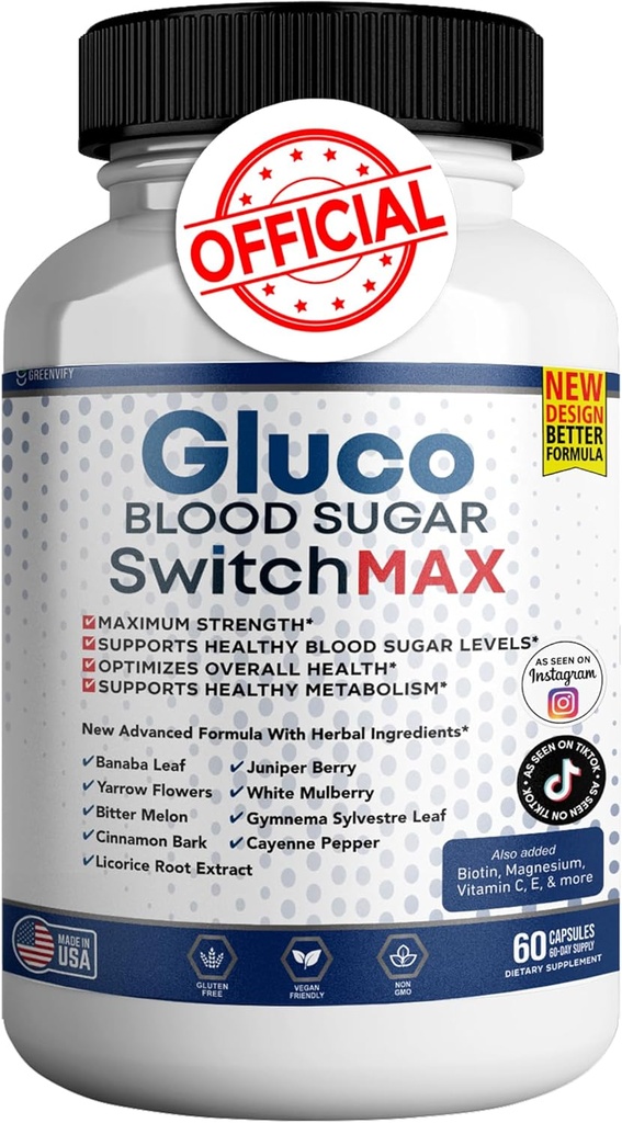 Gluco Blood Sugar Switch Max Toute la formule naturelle pour maintenir des niveaux sains, la force maximale quotidienne des examens sanguins (1 boîte - 60 capsules)