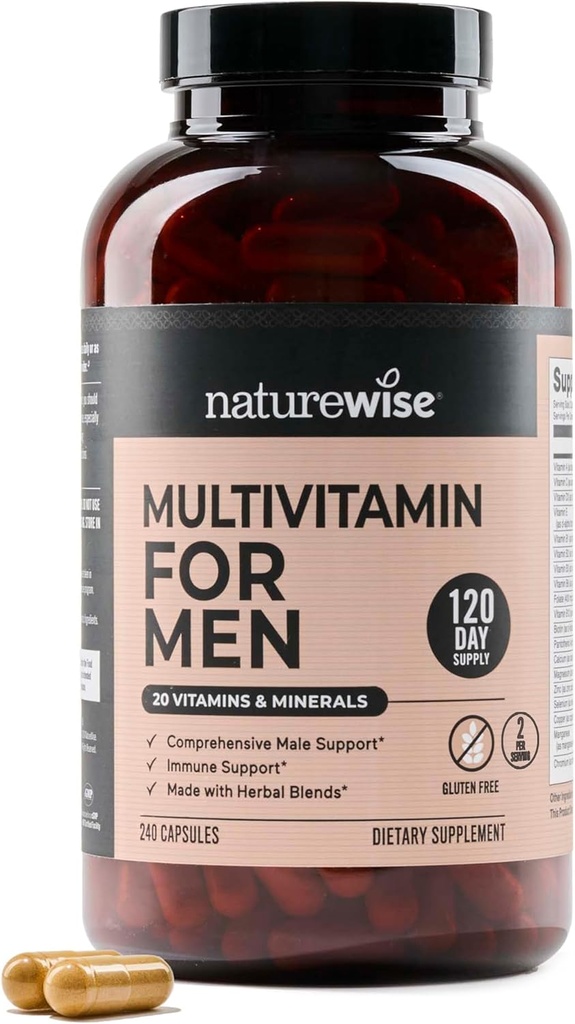 Multivitamine NatureWise pour hommes - Soutien quotidien pour hommes - Minéraux et herbes pour l'énergie, la performance, l'immunité - avec vitamine A, C, D, B-Complex - Sans soja et sans gluten, sans OGM - 240 capsules[6-Mois]