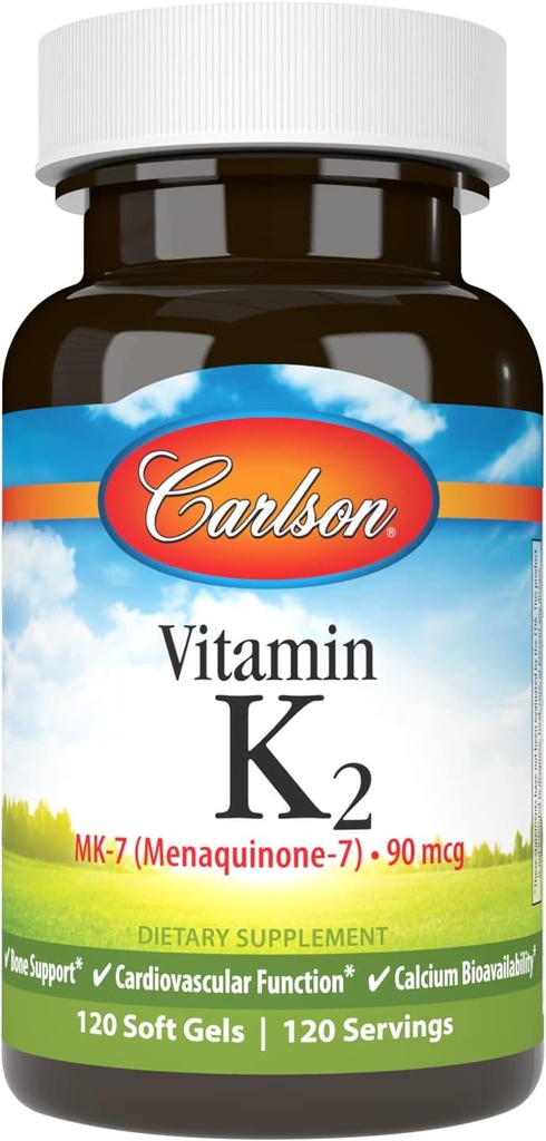 Carlson - Vitamin K2 MK-7 (Menaquinone), 90 mcg, Bone Support, Calcium Bioavailability, K2 Vitamin, Vitamin K-2, 120 Softgels