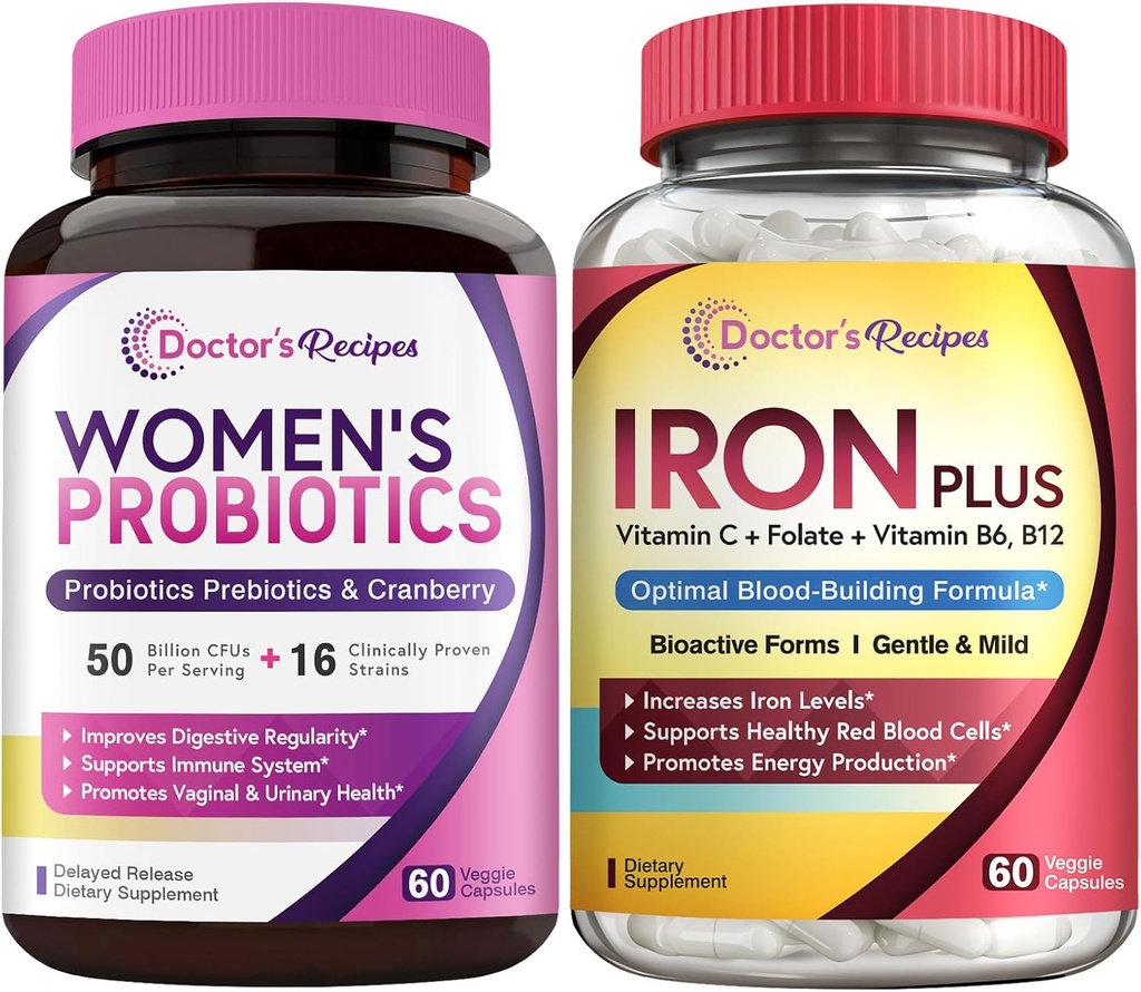 Recettes de médecin Probiotiques et Iron Plus pour femmes, santé féminine et soutien du sang, capsules probiotiques 60ct et Iron Capsules 60 ct
