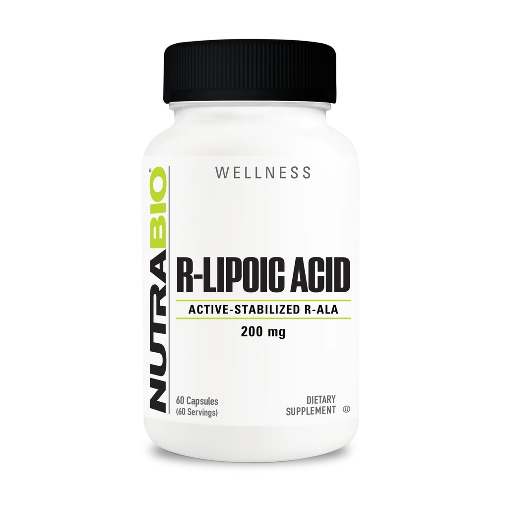 Supplément Acide R-Lipoïque NutraBio, 200mg – Supplément R-ALA stabilisé actif – Formule optimisée d'acide alpha lipoïque pour une meilleure absorption pour soutenir la santé et le mieux- 60 Capsules