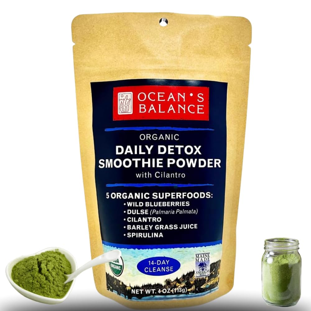 Ocean's Balance Poudre quotidienne de smoothie de désintoxication avec Cilantro, Blueberry, Spirulina, Poudre de jus d'algues et d'orge — Mélange de smoothie facilement digéré pour le nettoyage de désintoxication (4 oz - 1 paquet)