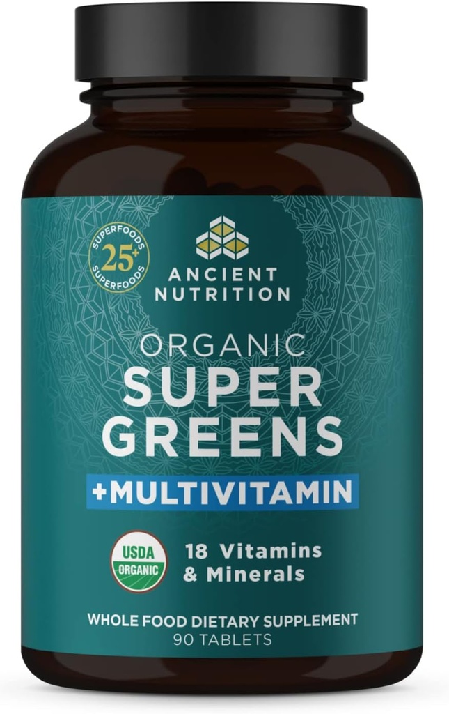 La nutrition ancienne Supergreens Comprimés de multivitamines, poudre bio Superfood avec multivitamines faites de fruits, légumes et herbes réels, pour le soutien digestif et énergétique, 90 Compte