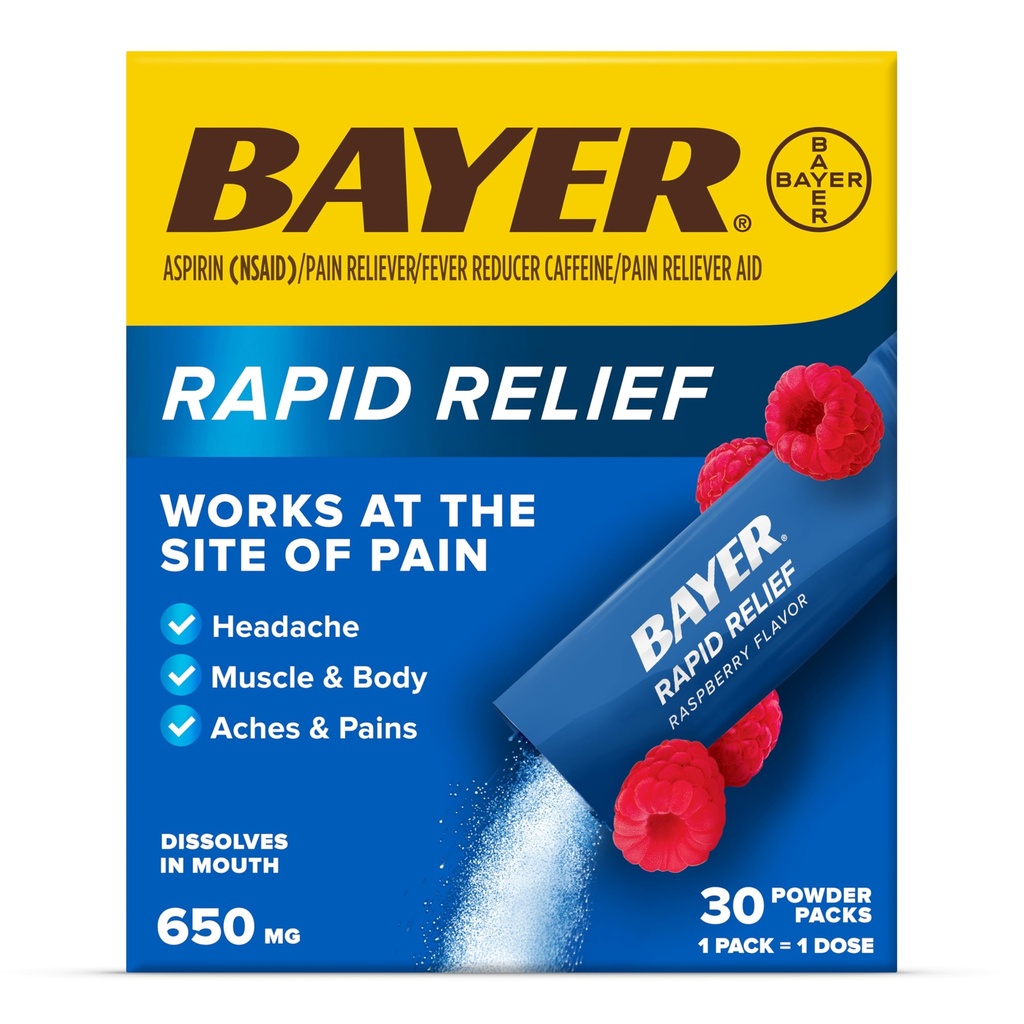 Bayer Rapid Relief Powder Packs with Aspirin & Caféine, Dissolvable Fast Aging Pain Relief for Headache, Muscle and Body Pain, Raspberry Flavor (Emballage peut varier), Pack de 3 x 10 Compte
