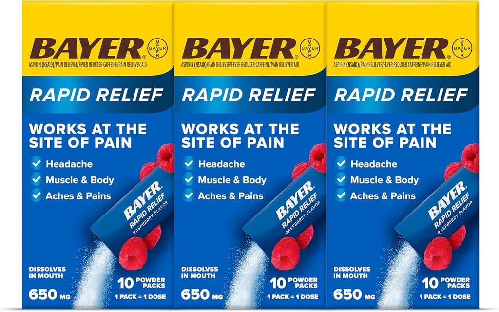 Bayer Rapid Relief Powder Packs with Aspirin & Caféine, Dissolvable Fast Aging Pain Relief for Headache, Muscle and Body Pain, Raspberry Flavor (Emballage peut varier), Pack de 3 x 10 Compte