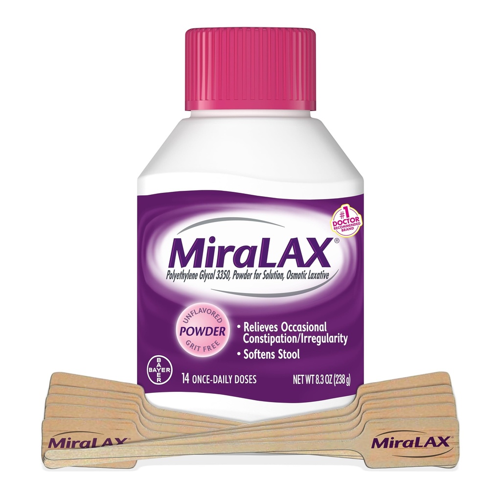 MiraLAX poudre laxative, doux soulagement de constipation pour les adultes, adoucisseur de tabouret avec PEG 3350, non stimulant laxatif, sans effets secondaires graves, comprend stirrer, 14 doses