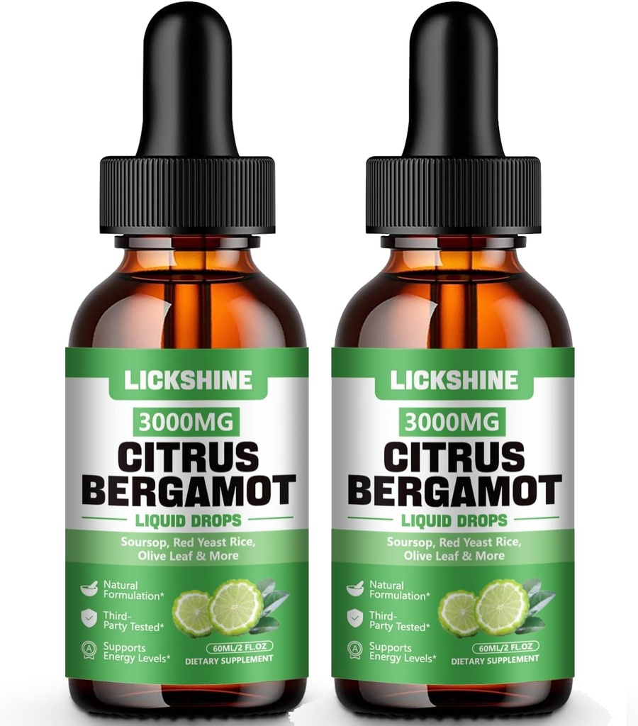 2 Pack 3000mg Citrus Bergamot gouttes liquides - Haute Absorption - Cholestérol Abaissant Supplément pour le support immunitaire anti-âge, Cholestérol Hight - Soursop Bitters Liquide, 4 Fl Oz