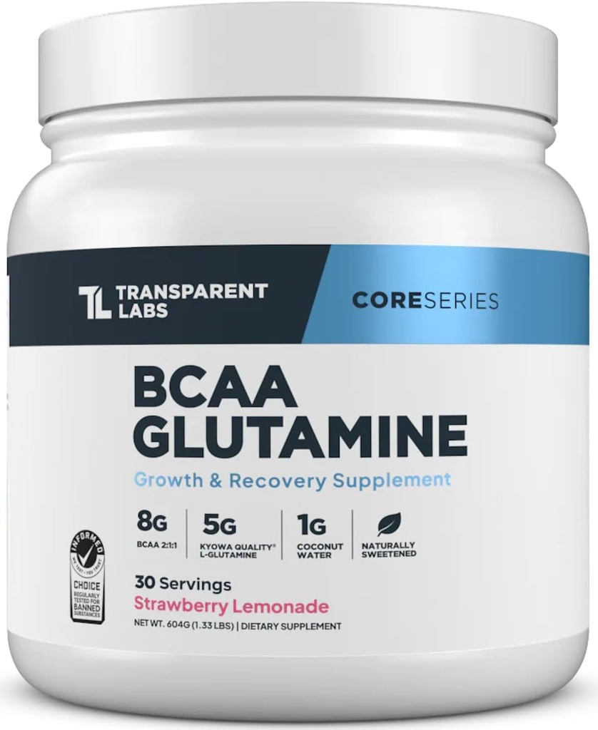 Laboratoires transparents BCAA Glutamine - 8000 Mg de poudre de BCAA avec L Glutamine pour la récupération après l'entraînement, la croissance musculaire et l'endurance accrue - 30 portions, citronnade de fraise