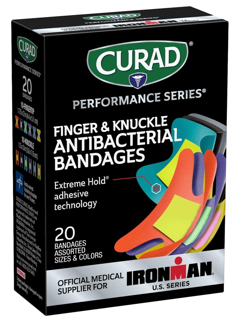 Série de performances CURAD IRONMAN Bandes antibactériennes, technologie d'adhésif de maintien extrême, bandes de doigts et de couteaux, tissu flexible, lot de variétés avec tailles et couleurs assorties, 20 Nombre