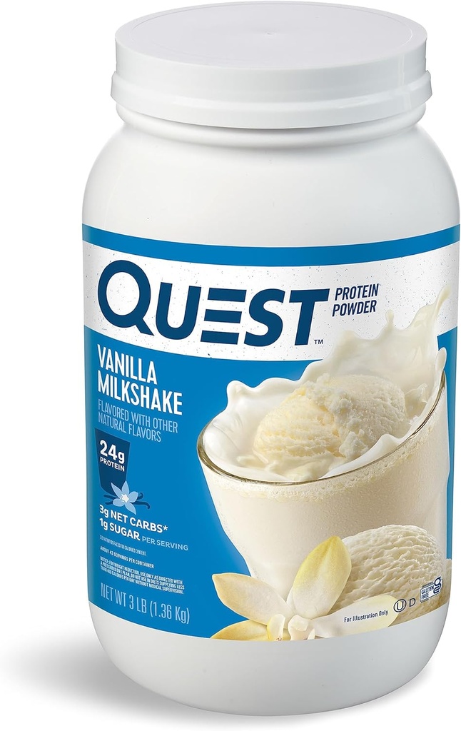Quest Nutrition Vanilla Milkshake Protéines Poudre, 24g de protéines, 1g de sucre, faible teneur en glucides, sans gluten, 3 livres, 43 portions