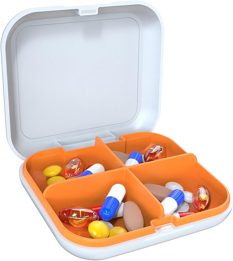Pill Box Portable Pill Dispensing Box, Travel Portable Pill Box, 4-Compartment Daily Portable Pill Organizer, adapté aux vitamines, médicaments, huile de poisson (blanc + orange)