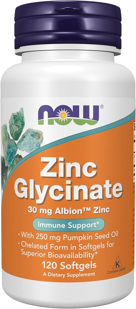MAINTENANT compléments alimentaires, glycine de zinc avec 250 mg d'huile de graines de citrouille, soutient la santé de la prostate*, 120 softgels (paquetage mai Vary)