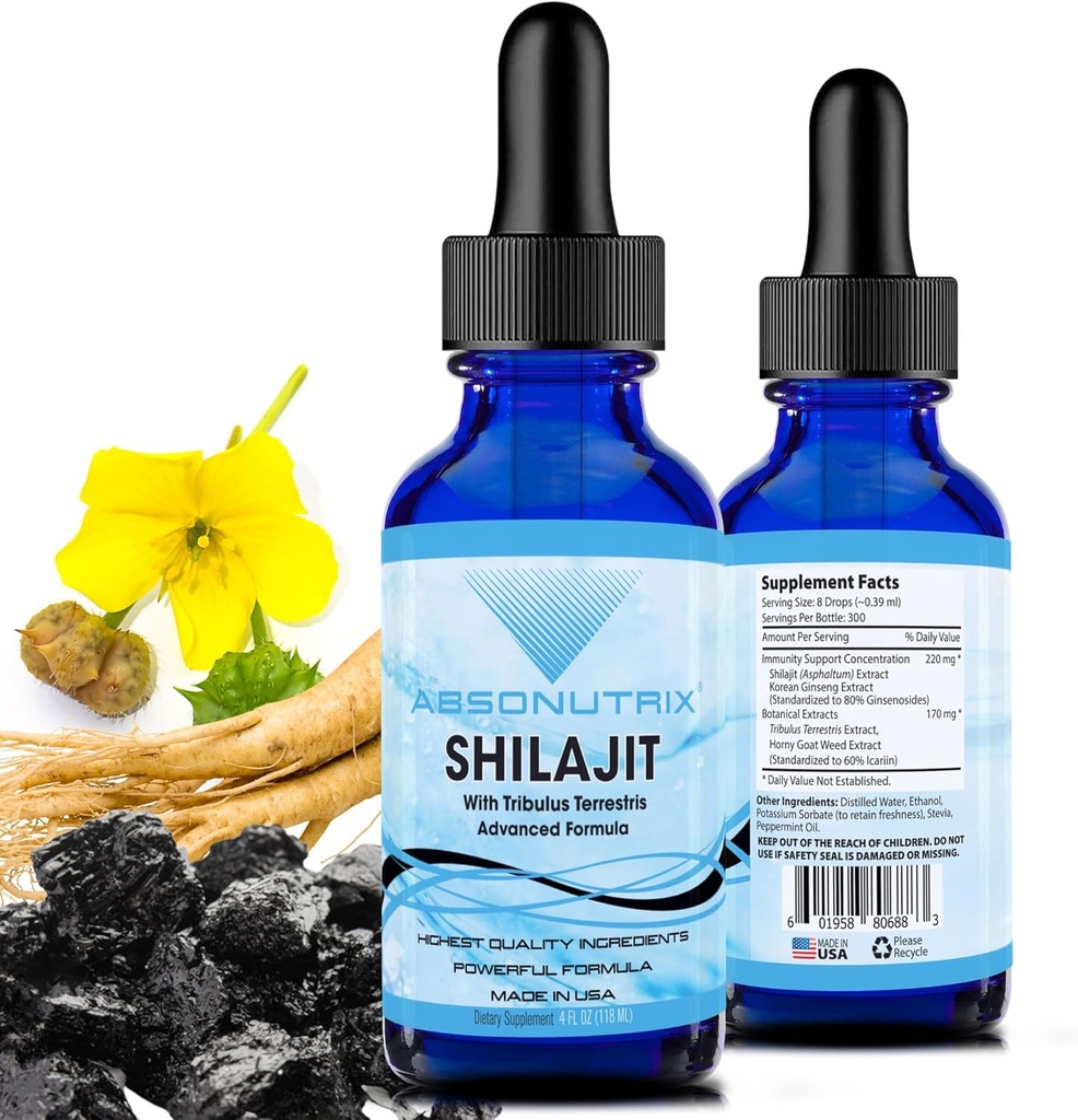 Absonutrix Shilajit avec Tribulus Terrestris 390 mg, 4 Oz Liquide, 300 portions, Fabriqué aux États-Unis, Absorption rapide, Ingrédients de qualité Potentiels, Non-OGM, Installation certifiée GMP, Produits sans cruauté