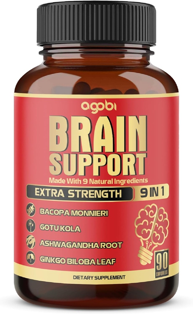 9in1 Brain Support Supplement - Concentrated Ashwagandha Root, Gotu Kola Powder, Bacopa Monnieri Powder and More - 90 Capsules - 3 Months Supply