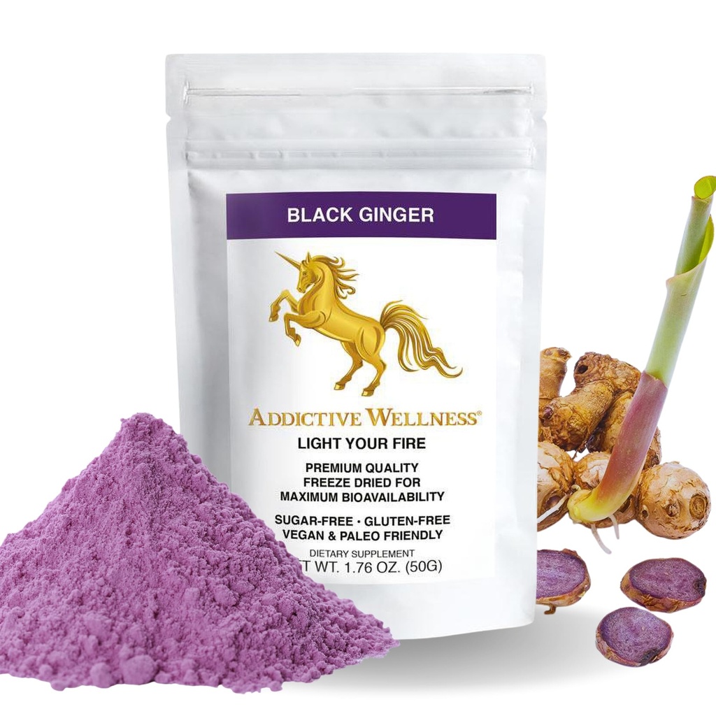 Bien-être addictif Ginger noir thaïlandais pour les hommes, supplément Ginger thaïlandais pour soutenir le métabolisme de l'énergie, l'endurance et la performance, Freeze poudre de ginger noir séché, 50 Grams (1.76 Ounce), Vegan & Paleo