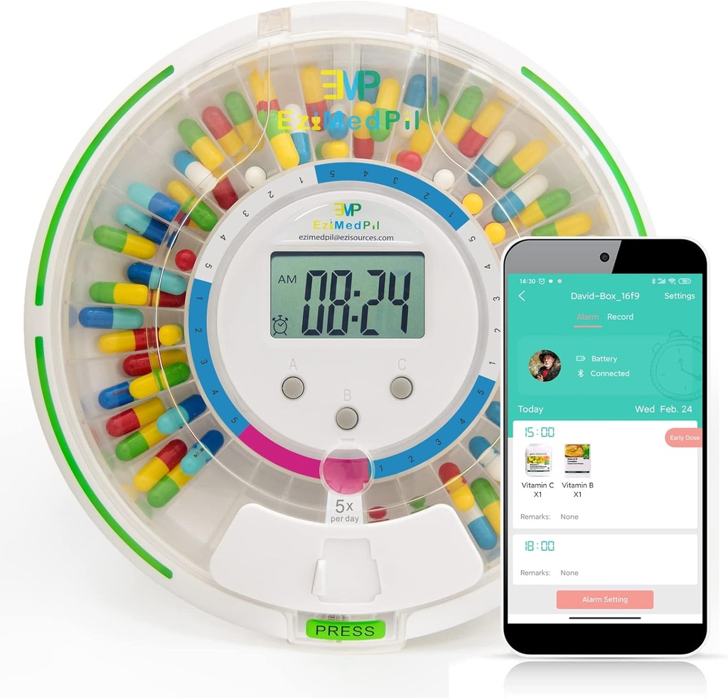 EziMedPil Bluetooth Pill Dispenser w/Audio & Visual & App Alertes, jusqu'à 9 Alarmes/Jour, 9 Modèles de Posologie, 28-Jour Médicament Dispensateur w/Key pour les ordonnances, les vitamines et plus encore, clair