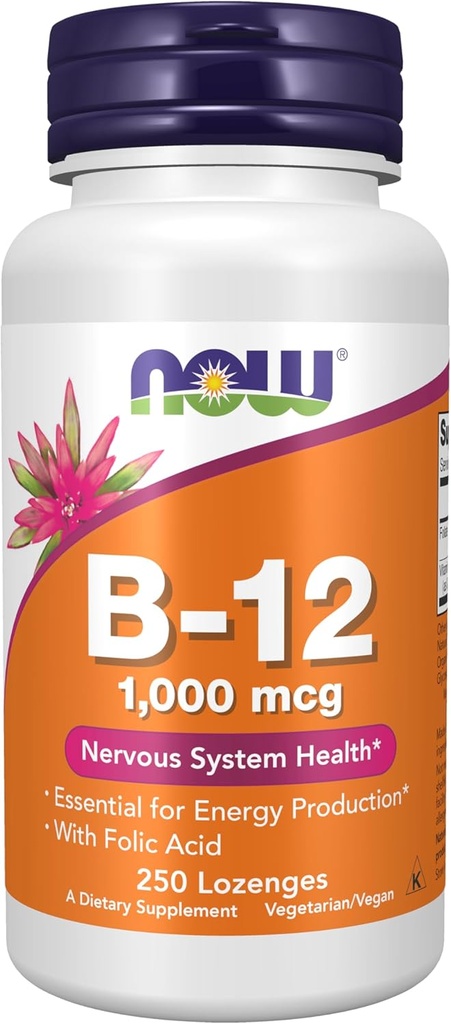 MAINTENANT compléments alimentaires, vitamine B-12 1 000 mcg avec acide folique, santé du système nerveux*, 250 losanges à croquer