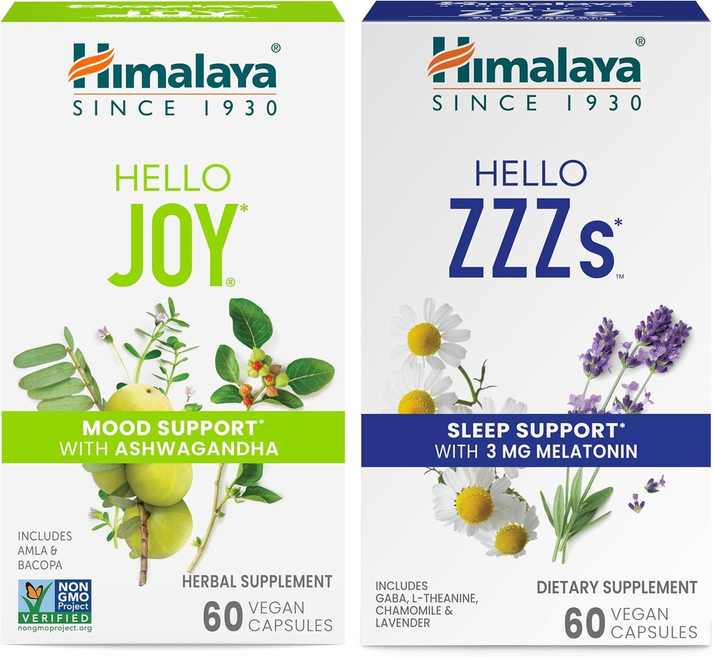 Himalaya Hello Joy with Ashwagandha for Improving Mood and Spirits & Hello ZZZs with Melatonin for Sleep Support, 60 Capsules Each - Bundle