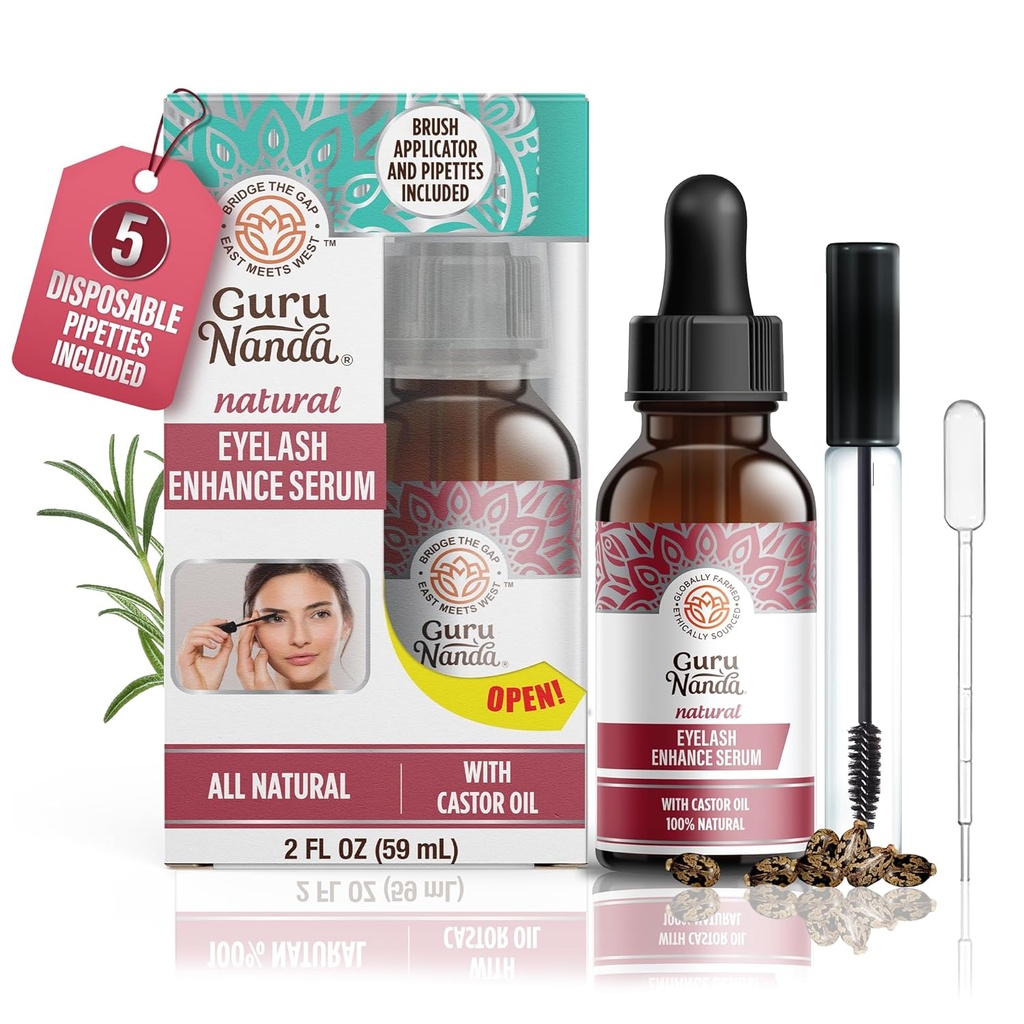 GuruNanda huile de ricin naturel cils améliorer le sérum avec huile de romarin - Applicateur de brosse et 5 pipettes, aide la croissance des cheveux naturels pour les sourcils et les barbes, 2 Fl Oz