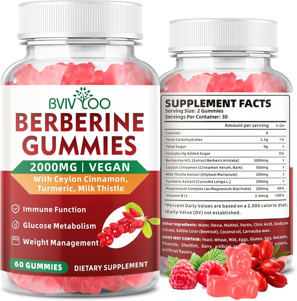 Premium Berberine Gummies, 2000mg Supplément Berberine HCI haute puissance, plus Ceylan cannelle, chardon de lait pour les femmes et les hommes, système immunitaire et soutien au métabolisme - 60 Gummies
