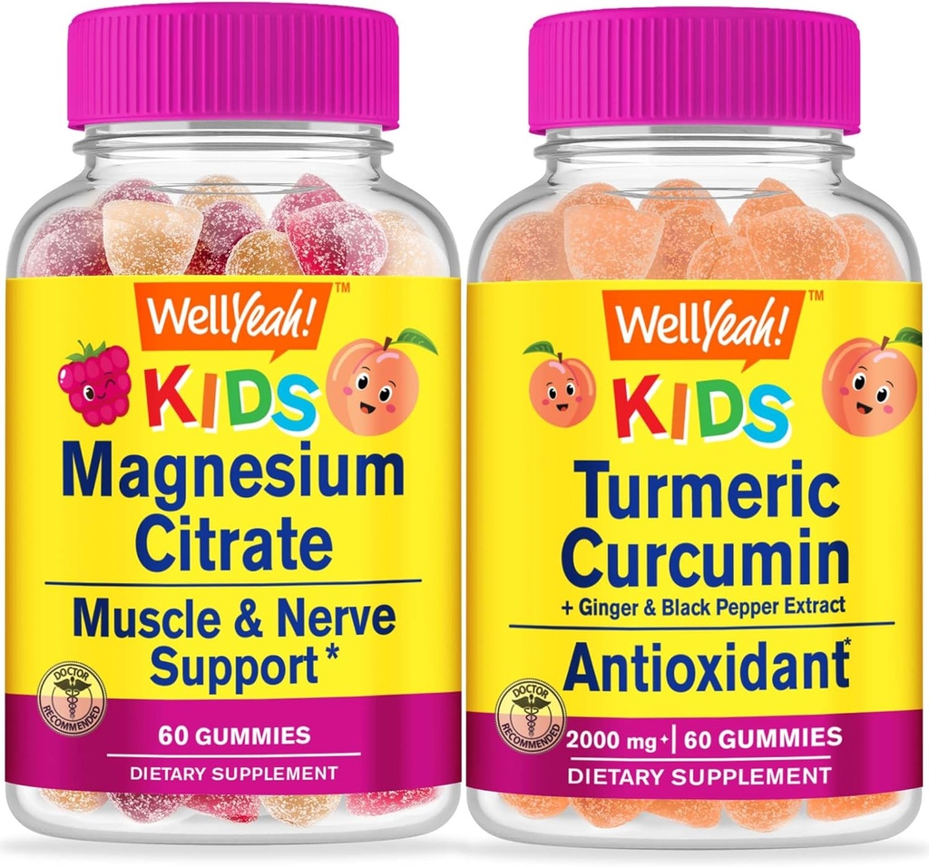 Eh bien oui Magnésium Citrate Enfants + Curcumine Turcuma Enfants, Gummies Bundle - Grande dégustation, supplément de vitamine, sans gluten, sans OGM, gummy à croquer