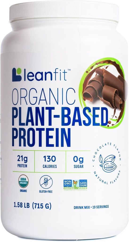 LeanFit Organic Plant-Based Protein Powder, Natural Chocolate Flavor - Vegan, USDA Organic Certified, Soy-Free, Gluten-Free, Dairy-Free, Sugar-Free, Non-GMO - 21g Protein, 18 Servings, 1.58 Pound Tub