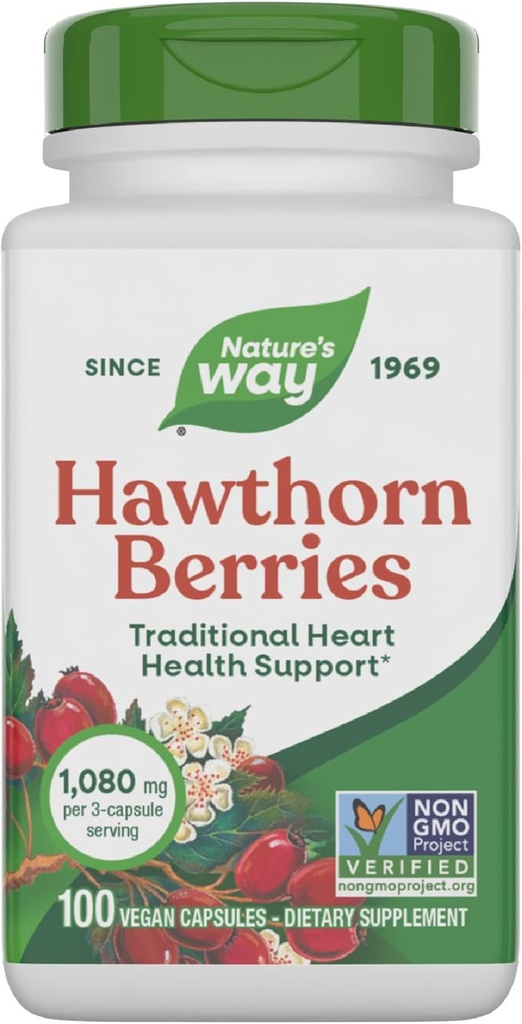 Nature's Way Herbal Hawthorn Berries, Traditional Heart Health Support*, 100 capsules végétales (paquetage May Vary)