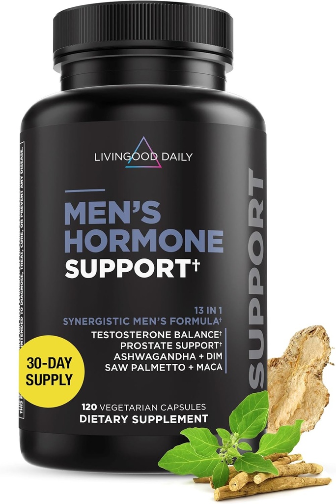 Livingood Daily Men's Hormone Support Supplement for Vitality & Balance, 14-in-1 Testosterone Booster for Men with Ashwagandha, Maca, DIM, Zinc, Saw Palmetto, Vitamin B12 & More, Vegan, 120 Capsules