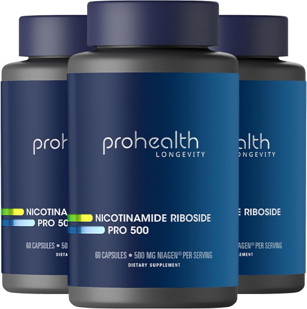 ProHealth Nicotinamide Riboside Pro 500. Breveté NR Niagen 500mg Plus 250mg TMG. Supplément NAD+ stimule NAD+. Supplément NR prouvé en 300 études. 30 portions (3 paquets)