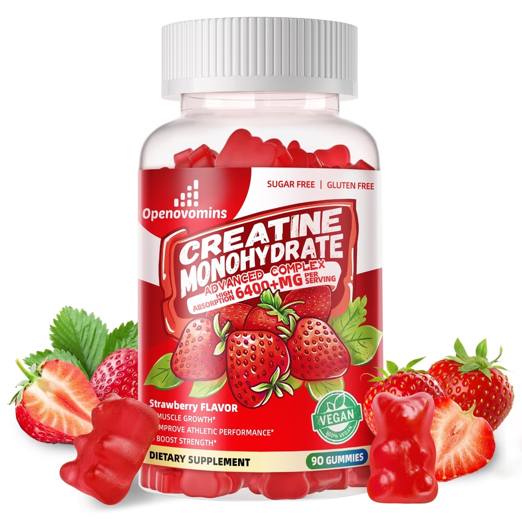 Complexe monohydraté créatine pour hommes et femmes - formule avancée W/L-Taurine + vitamine B12, supplément à croquer sans sucre,90 gommies de fraise