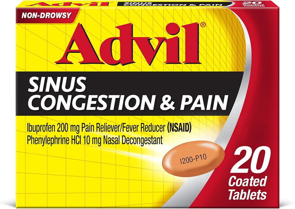 Advil Sinus Congestion et douleur, Sinus Relief Medicine, analgésique et réducteur de fièvre avec Ibuprofène et Phénylephrine HCl - 20 comprimés enduits