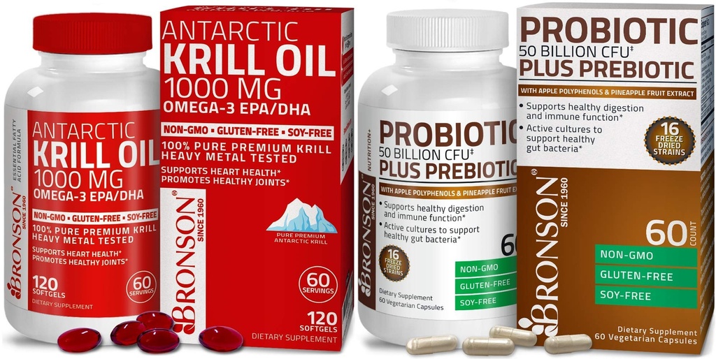 Bronson Probiotique 50 milliards CFU + Prébiotique avec des polyphénols de pomme et des fruits d'ananas Extrac Huile de krill de l'Antarctique 1000 mg avec Oméga-3s EPA DHA