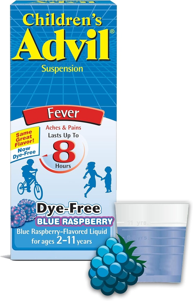 Enfants Suspension de la fièvre Ibuprofène (4 fl. oz, Blue Raspberry-Flavored), 100 mg Réducteur de fièvre Ibuprofène/Soulageur de douleur, Médecine de la douleur liquide, 2-11 ans