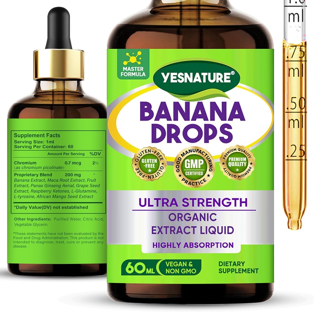 YESNATURE Banane gouttes digestives - Gentle Banana-Flavored Gut Support avec des extraits naturels - favorise la digestion saine et la régularité - sans sucre, non-OGM - 60ML