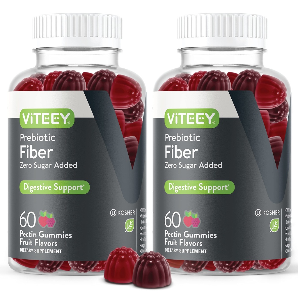 VITEEY Gommies de fibre prébiotique pour les adultes, 4g - Gummes de supplément de fibre soluble de santé et digestif - Zéro sucre ajouté, végétalien, sans gluten - 120 Compte