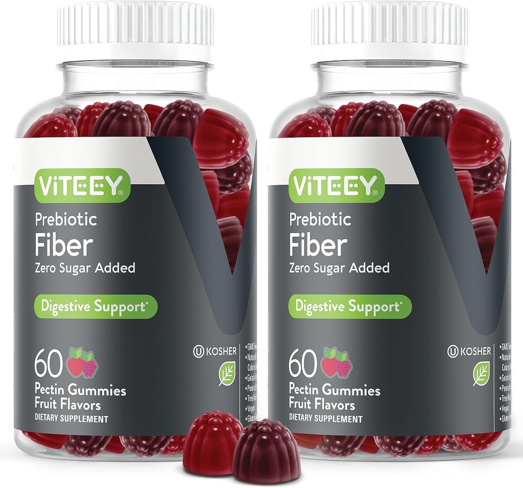 VITEEY Gommies de fibre prébiotique pour les adultes, 4g - Gummes de supplément de fibre soluble de santé et digestif - Zéro sucre ajouté, végétalien, sans gluten - 120 Compte