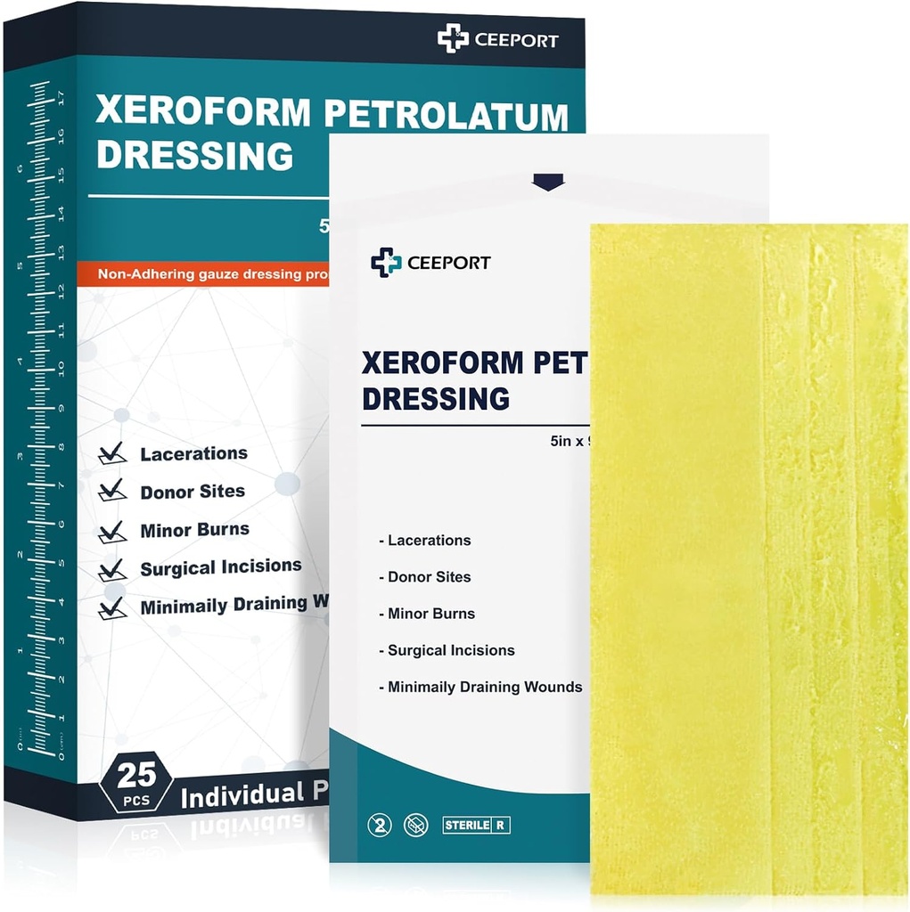 Medical Xeroform Petrolatum Dressing 5x9 - Bande de paillasson de jauge non-adhérente, fine maille Gauze Patch Fournitures pour soins de plaie, brûlures, lacérations et Grafts de peau (paquet de 25)