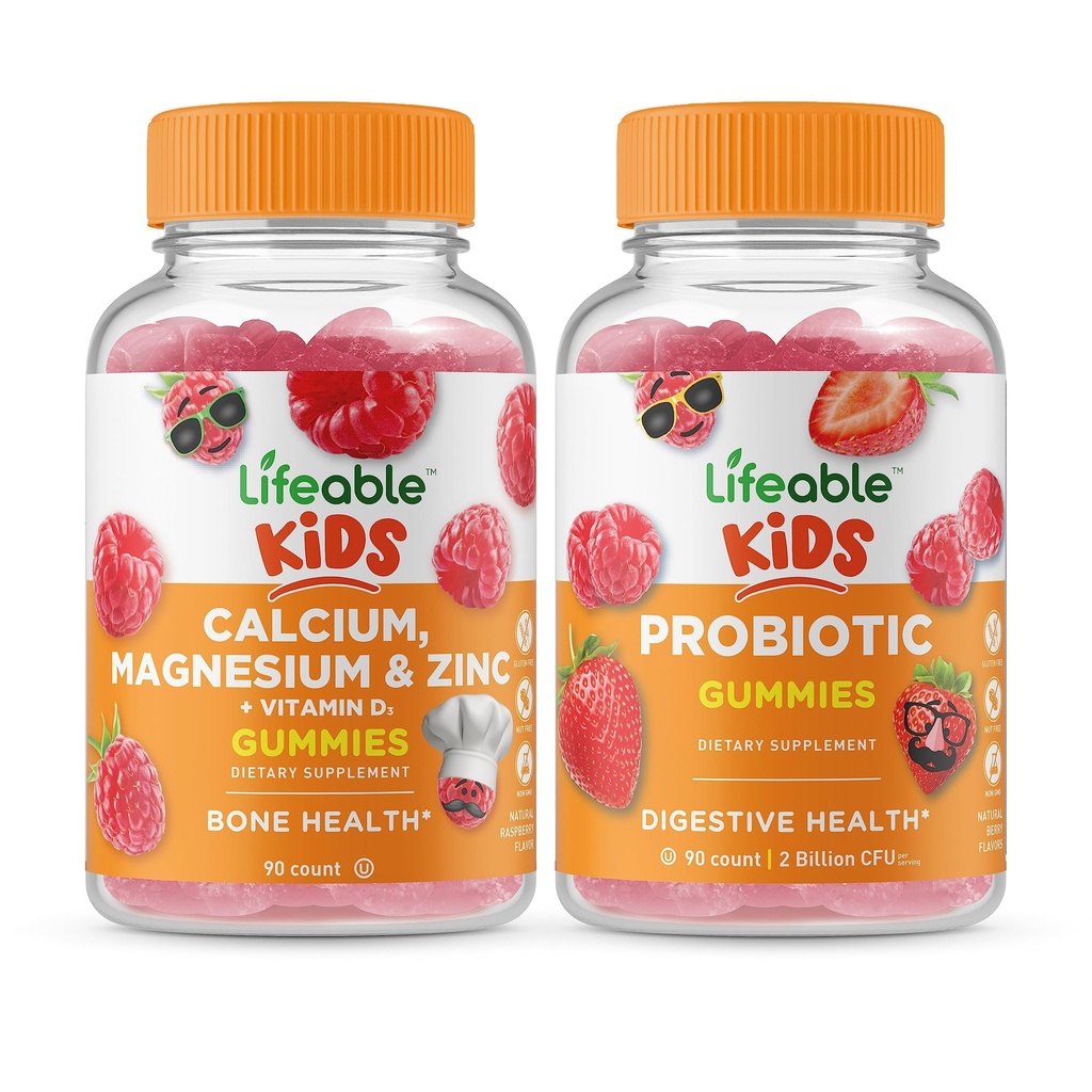 Calcium Lifeable Magnésium & Zinc Enfants + Probiotique 2 Million UFC Enfants, Gommies Bundle - Grande dégustation, supplément de vitamine, sans gluten, sans OGM, gommy à croquer