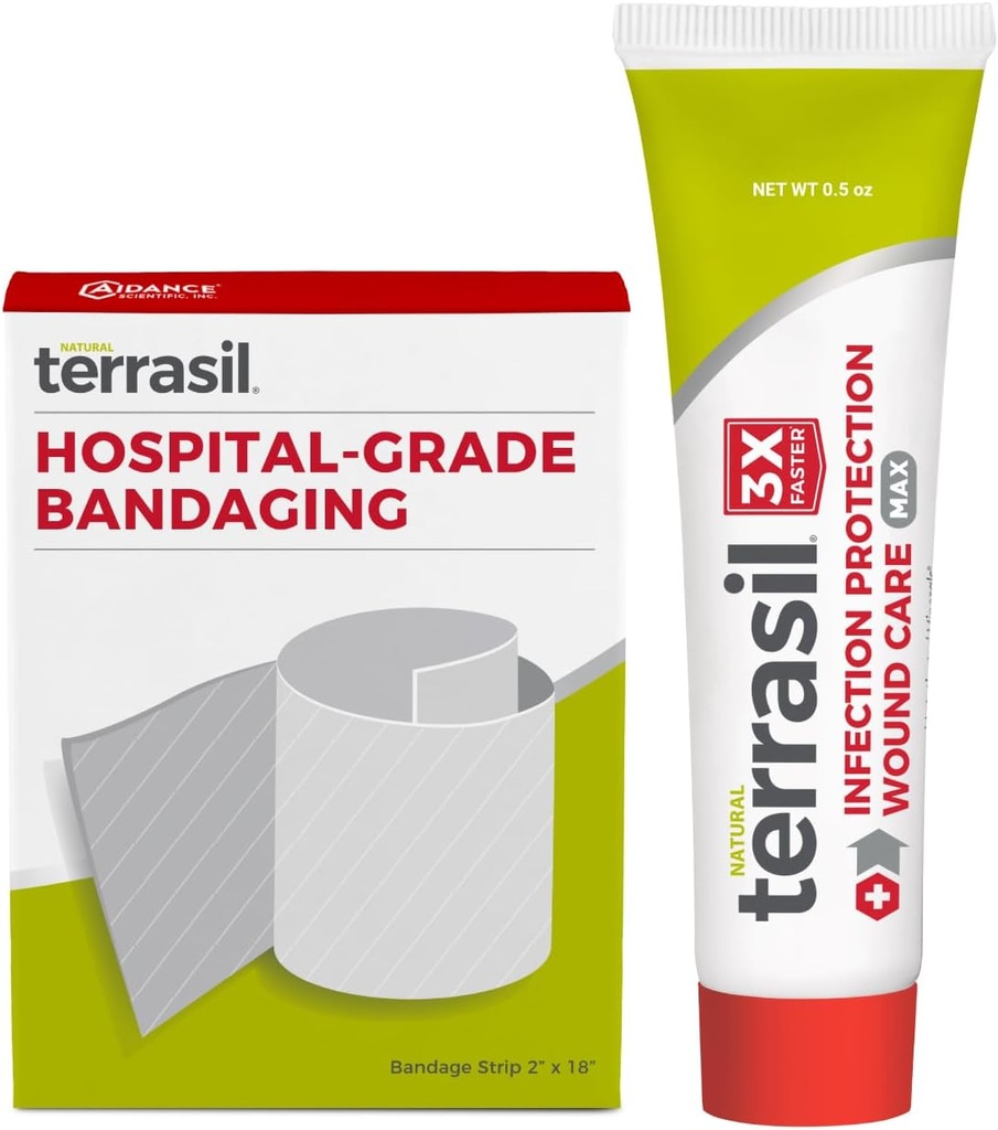 Terrasil Wound Care First Aid Kit: Medical Bandage & Wound Healing Ointment, Infection Protection for Bed Sores, Pressure Sores, Ulcers, Blisters, Cuts. Dermatologist-Tested (0.5oz, 2"x18" Bandage)