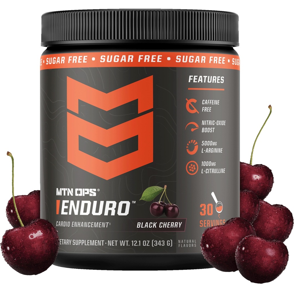 MTN OPS Enduro Oxyde Nitrique Stim Free Pré-entraînement de Magnésium Citrate, L Arginine & L Citrulline Caféine Free Pré-entraînement de 30 portions Cerise noire
