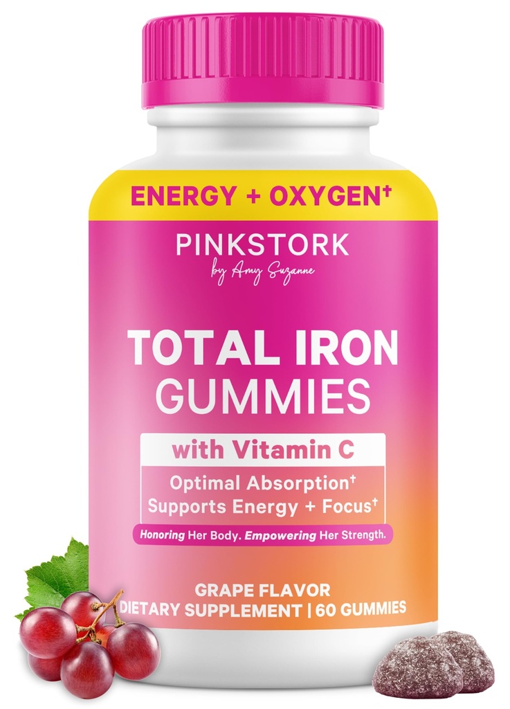 Pink Stork Supplément de fer prénatal Gummies pour les femmes - 20 mg avec vitamine C - Chewable de raisin pour le déficit, l'énergie et le sang builder - 60 Gummy Chews