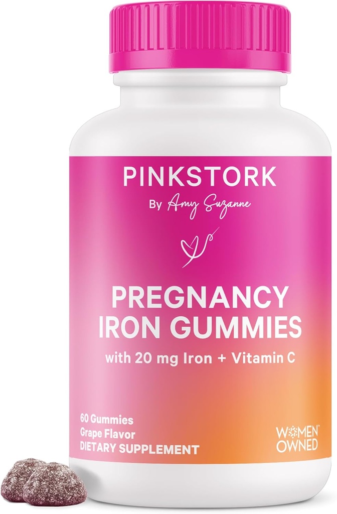 Pink Stork Supplément de fer prénatal Gummies pour les femmes - 20 mg avec vitamine C - Chewable de raisin pour le déficit, l'énergie et le sang builder - 60 Gummy Chews